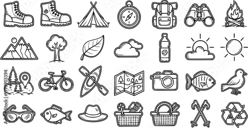 Black and White Line Art Icons for Outdoor Camping and Recreation Activities