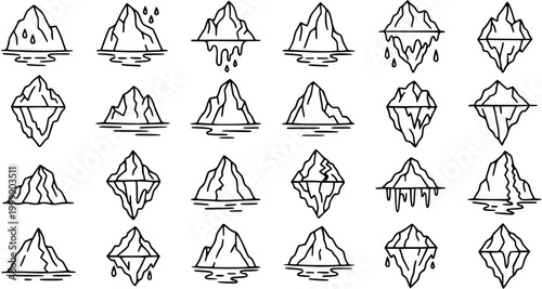 Black and White Line Art Iceberg Icons Vector Set