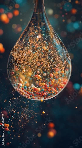 Abstract glowing particles inside glass sphere, colorful molecular texture with light bokeh, science concept, chemistry background, macro futuristic view.