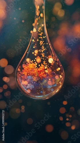 Abstract glowing particles inside glass sphere, colorful molecular texture with light bokeh, science concept, chemistry background, macro futuristic view.