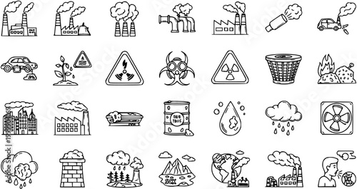 Black and White Line Art Icons of Pollution and Environmental Issues - Factories, Cars, Trash, Radiation