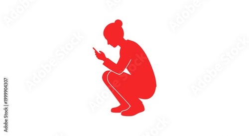 Woman Crouching Using Mobile Phone Silhouette.