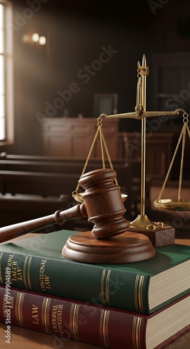 Wooden gavel rests upon stacked legal books beside a brass balance scale inside a dimly lit courtroom