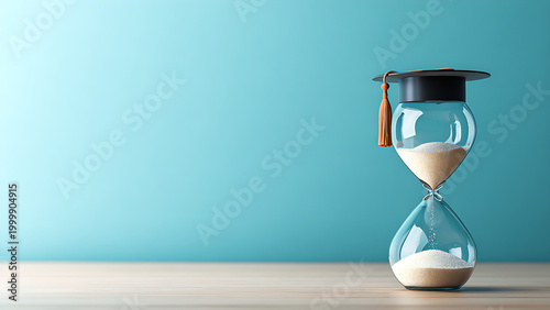 An hourglass with a black graduation cap is placed on a wooden surface with a light blue background.