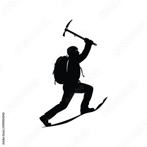 Black silhouette of a mountain climber hiking up with a backpack and an ice axe in hand Vector