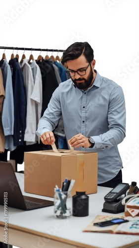 Young professional man packing cardboard box for shipping in a clothing store with clothes rack in background for online retail business order fulfillment isolated on white background
