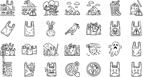 Black and White Line Art Icons Representing Plastic Pollution and Environmental Impact