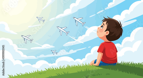 Cartoon boy watching airplanes fly, sunny daydream scene, vector illustration, kids concept