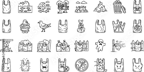Hand Drawn Plastic Bags Pollution Icons Set: Environmental Protection, Waste Management, Ecology, and Marine Life Threat Doodles
