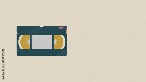 A flat design illustration of a vintage dark teal VHS video cassette tape with golden reels on a light beige background, representing old media.