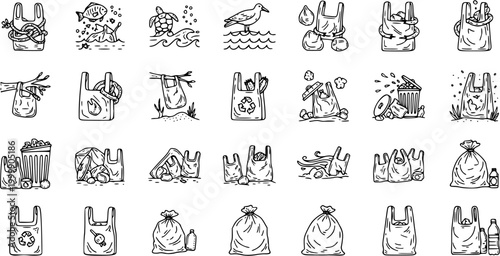 Eco-conscious Black  White Line Art Icons: Plastic bag pollution impacting marine life and landfills