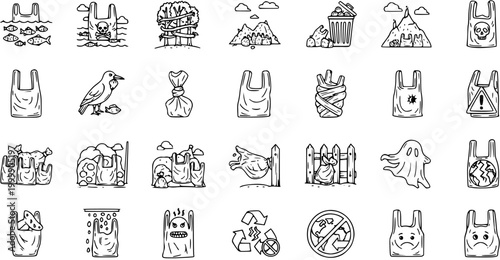 Hand-Drawn Black  White Line Art Doodle Icons of Plastic Pollution, Environmental Waste Management, and Ecological Harm