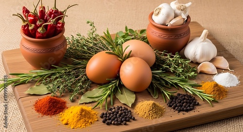 Variety of spices and herbs on a table