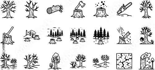 Black and White Line Art Icons Representing Deforestation, Tree Felling, and Wood Industry