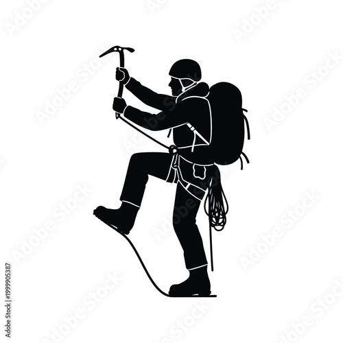 Silhouette of a mountaineer climber scaling a steep mountain with an ice axe and climbing gear Vector