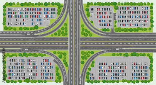 Aerial view of a busy highway intersection with multiple lanes and parking lots.