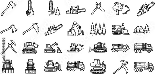 Black and white line art icons of forestry and construction equipment, wood cutting tools, and vehicles