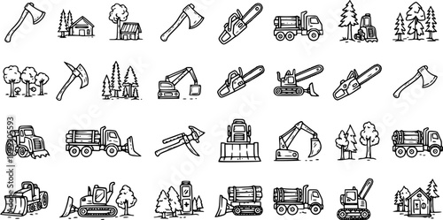 Black and White Line Art Icons of Forestry and Logging Equipment and Scenes