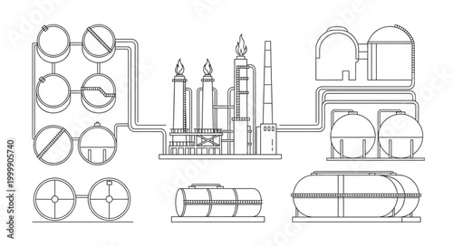 Slika na platnu Industrial plant schematic diagram with tanks and towers.