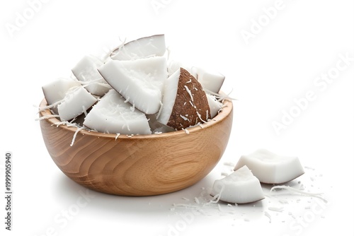Chunks of fresh coconut in a wooden bowl on white background