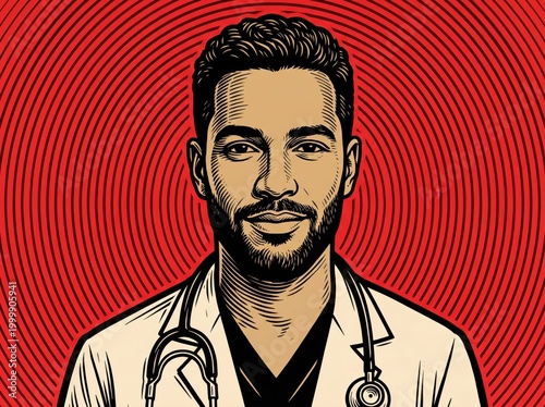 A bold, stylized portrait of a cool doctor in modern linocut woodcut pop art style with thick engraved lines on red concentric background pattern and texture