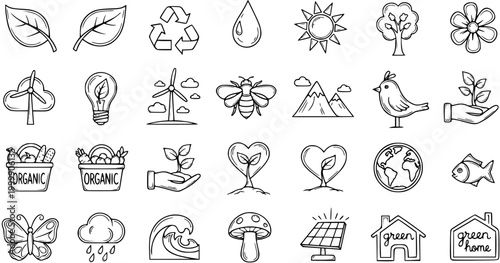 Eco-friendly icons: Nature, organic food, renewable energy, recycling, and green living symbols, black and white line art