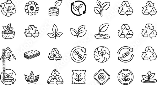 Eco-friendly plant and recycling icons in black and white line art style