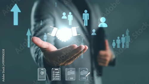 Businessman presenting digital business partnership and growth icons