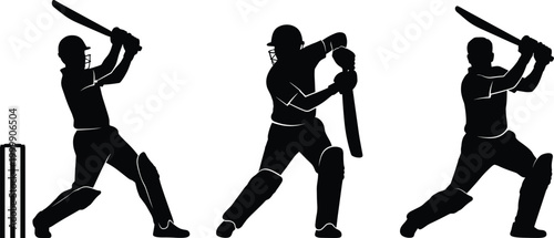 Dynamic cricket batting silhouettes with stumps and protective gear showcasing sports action, athletic motion, competitive play, teamwork, and outdoor game energy