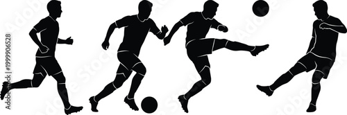 Dynamic soccer player silhouettes in motion sequence showing running, kicking, ball contact, and follow-through athletic sports action vector illustration