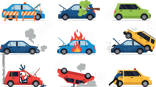 Car accident and breakdown set with damaged vehicles crash scenes fire collision and emergency situations flat vector illustration isolated on white background.