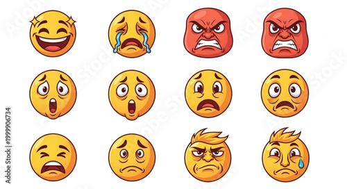 Collection of diverse emoji faces expressing various emotions and feelings.