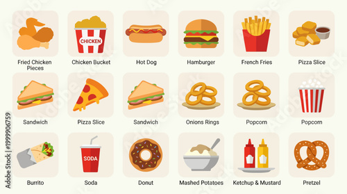 A variety of fast food icons and meals.
