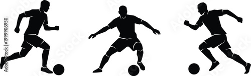 Soccer player silhouettes showing dribbling, running, and defensive stance actions highlighting dynamic athletic sports motion vector illustration design