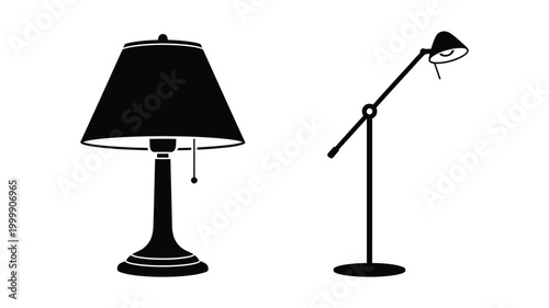 Two lamps a table lamp and an arc lamp in silhouette
