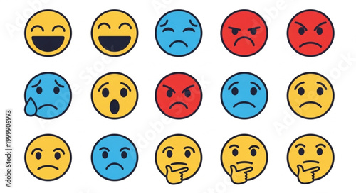 Collection of diverse emoji faces expressing various emotions and feelings.