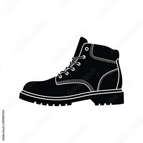 Black leather work boot icon side view for hiking and outdoor adventure Vector