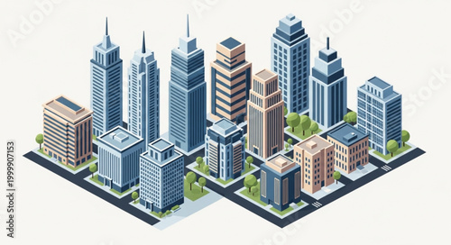 Tableau sur toile Isometric Cityscape with Diverse Modern Buildings and Skyscrapers