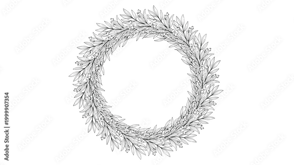 Fototapeta premium Hand drawn black and white decorative wreath made of leaves and branches for various creative frames or card designs.