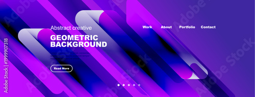 Dynamic abstract design. Vibrant purple, blue hues create modern geometric background. Website header includes navigation options, call to action.