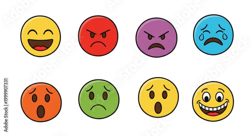 Collection of diverse emotion face icons representing happiness anger sadness and surprise.