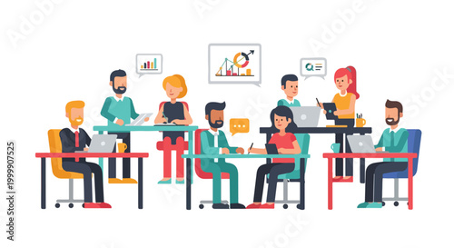 This flat vector illustration depicts a diverse group of professional people collaborating and working together in a modern office space.