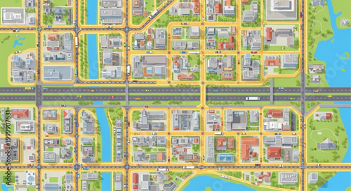 Detailed City Map Illustration with Roads and Buildings.