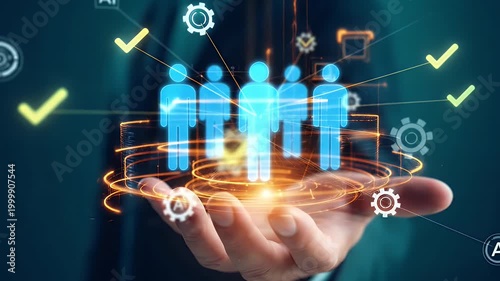 Futuristic HR management concept with glowing team icons