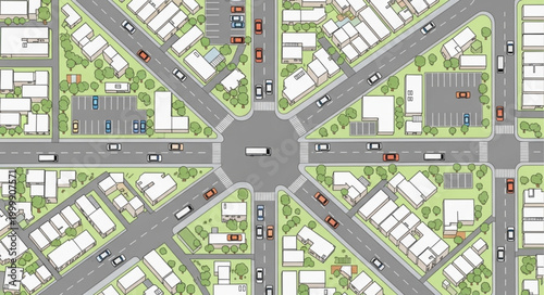 Aerial view of a modern city intersection with a roundabout and traffic.