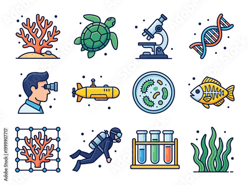 Marine Biology and Oceanography Science Icons Set including Coral, Turtle, Microscope, Submarine, and Scuba Diver for Research and Education