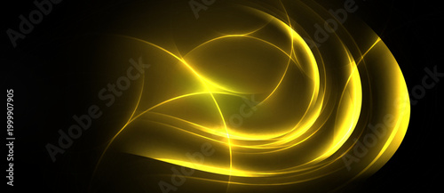 Golden swirls illuminate dark background. Abstract lines create dynamic, flowing composition. Brightness contrasts sharply with black space.