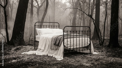 Dreamlike Serenity: Bed in Misty Burnt Forest Landscape