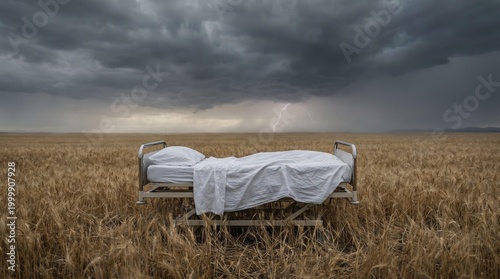 The Storm of Sickness: Hospital Bed Centered in Stormy Field