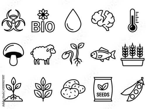 Biotechnology and Agricultural Science Line Icon Set - GMO, Organic Farming, and Food Engineering Icons